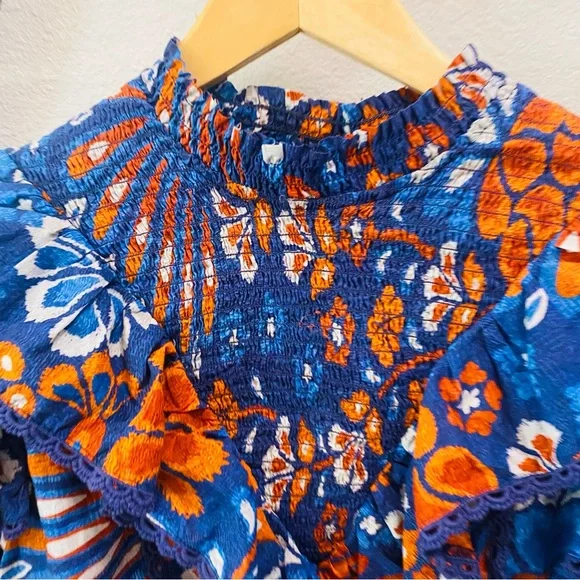 FARM RIO Smocked Pineapple Flowers Navy Blue Blouse Size Small - Picture 8 of 13